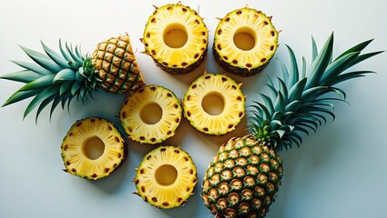 Poster - Freshly Sliced Pineapple Arranged on White Background with Whole Pineapples Top View Flat Lay Composition