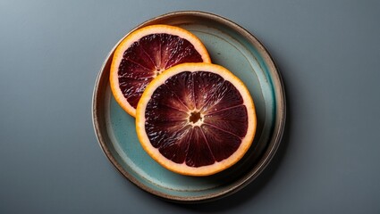 Poster - Sliced Blood Orange Halves on a Ceramic Plate Against a Gray Background Perfect for Culinary and Food Photography Concepts