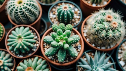 Wall Mural - Diverse Collection of Small Cactus Varieties in Pots from a Top View Showcasing Their Unique Shapes and Textures