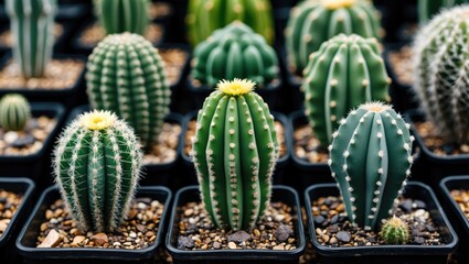 Wall Mural - Variety of Green Cacti in Black Pots with Decorative Gravel and Empty Space for Text in a Bright Nursery Setting