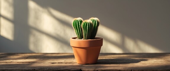 Wall Mural - Cactus Plant in Rustic Terracotta Pot on Wooden Table with Soft Sunlight and Shadows