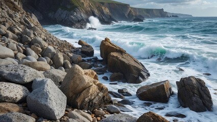 Canvas Print - Majestic Coastal Landscape Featuring Waves Crashing Against Rocky Shoreline and Serene Ocean View Under Dramatic Skies