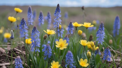 Poster - Colorful Spring Wildflowers Blooming in Meadow with Blue and Yellow Flowers Against a Soft Sky Background