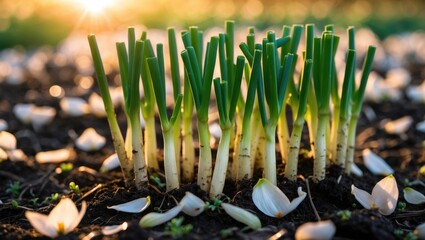 Poster - Green Onion Sprouts Emerging from Soil Surrounded by Petals in Warm Sunlight Highlighting Nature's Beauty and Growth in Springtime.