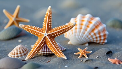 Poster - starfish and shells on sandy beach with soft focus background and space for text