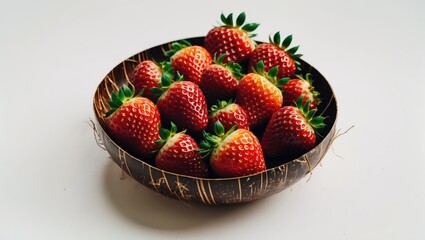 Sticker - Fresh Strawberries in a Coconut Bowl on a White Background with Space for Text for Seasonal Promotions or Healthy Recipe Ideas