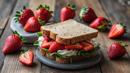 Poster - Strawberry Fruit Sandwich with Fresh Ingredients on Wooden Table Surrounded by Strawberries and Blank Space for Text or Branding