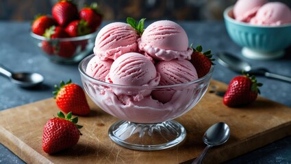 Wall Mural - Delicious strawberry ice cream scoops in a glass bowl surrounded by fresh strawberries on a wooden cutting board. Perfect for summer desserts.