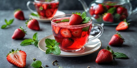 Wall Mural - Refreshing strawberry tea served in a clear cup, garnished with fresh strawberries and mint leaves, with empty space for personalized text.