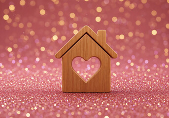 Poster - cute house with heart shaped window on spring background . Generative AI