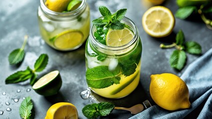 Wall Mural - Refreshing Summer Lemonade Mojito with Lime Mint Garnish in Mason Jar Top View Ideal for Beverage Promotions and Recipe Advertisements