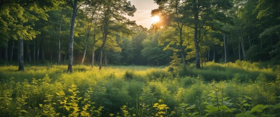 Wall Mural - Lush summer forest landscape at sunset with vibrant greens and open space for text or design elements in a tranquil natural setting.