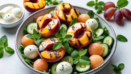 Wall Mural - Grilled Peach and Melon Salad with Cucumbers, Mozzarella, and Mint Fresh Ingredients on a White Background Healthy Summer Cuisine Concept