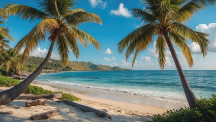 Poster - Tropical Beach View with Palm Trees and Clear Blue Sea Relaxing Summer Landscape Ideal for Vacation and Travel Promotions