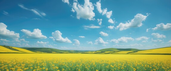 Wall Mural - Vibrant Summer Landscape Featuring Expansive Yellow Field Under Bright Blue Sky with Beautiful Cloud Patterns