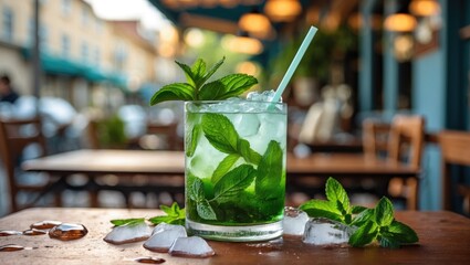 Wall Mural - Refreshing Mojito Cocktail with Mint and Ice Served Outdoors in a Cafe Setting