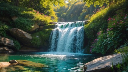 Canvas Print - Tranquil Summer Waterfall Surrounded By Lush Greenery With Clear Water And Space For Text In A Natural Setting