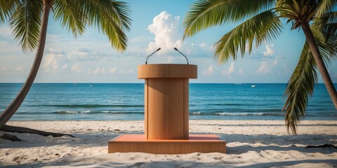 Poster - tropical beach podium presentation mockup with empty space for text surrounded by palm trees and oce
