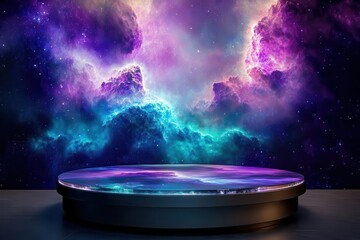 Wall Mural - cosmic dreamscape with swirling nebula clouds in deep purples and teals, floating crystal platform display, ethereal lighting effects