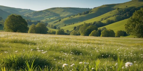 Poster - Idyllic summer meadow with rolling green hills and vibrant trees under a clear blue sky, featuring ample space for text placement.