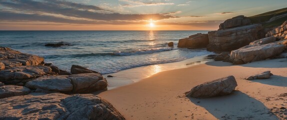 Poster - Serene Sunset Over Rocky Coastline With Gentle Waves Lapping Sandy Beach In Tranquil Seascape Nature Scene