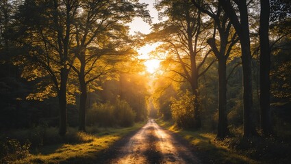 Wall Mural - Tranquil Forest Road Illuminated by Golden Sunlight Through Majestic Trees in a Serene Nature Setting