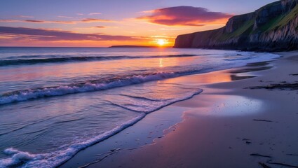 Poster - Serene Sunrise Over Sandy Cove with Gentle Waves and Cliff Backdrop at Bay of Fundy Ideal for Tranquil Nature and Travel Themes