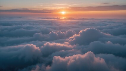 Poster - Serene Sunrise Over Billowing Clouds with Soft Pastel Hues and Radiant Light Breaking Through the Horizon