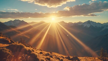 Wall Mural - Majestic Sunrise Over Mountain Range With Dramatic Sunbeams Illuminating Clouds And Open Space For Text In Scenic Landscape