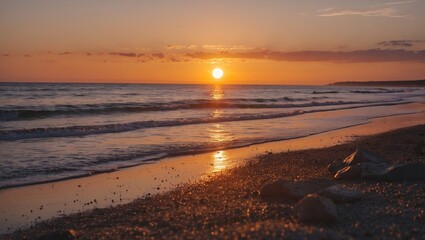 Wall Mural - Tranquil sunset over a beach with low tide, sun on the horizon during golden hour, creating a serene atmosphere and empty space for text.