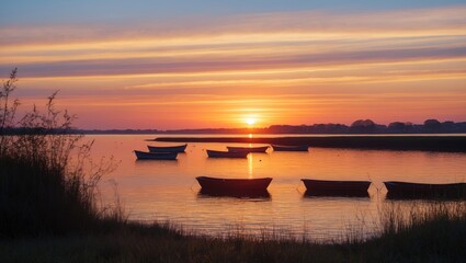 Wall Mural - Tranquil sunset over the water with boats in silhouette at Isle of Sheppey, capturing the serene beauty of nature and evening light.