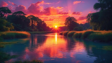 Poster - Vibrant Sunset Over Serene River Landscape with Space for Text and Reflection in Water