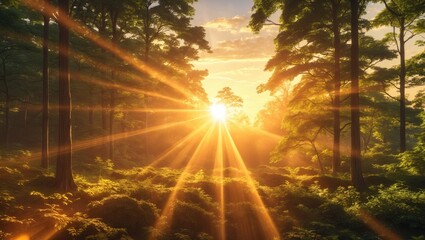 Wall Mural - Serene Forest Sunrise with Sun Rays Illuminating Trees and Lush Greenery in Summer Amidst a Beautiful Natural Landscape.