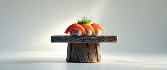 Wall Mural - Sushi Rolls Displayed on Rustic Wooden Stand with Fresh Garnish on Light Background