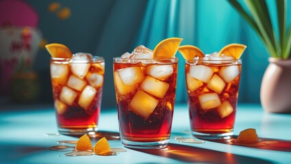 Poster - Refreshing Iced Tea in Clear Glasses with Ice and Lemon Slices Set Against a Colorful Background for Summer Beverage Promotions