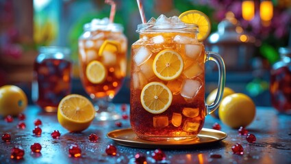 Poster - Refreshing Sweet Iced Tea with Lemon Slices in a Jar Surrounded by Citrus and Decorative Elements on a Vibrant Table Setting.