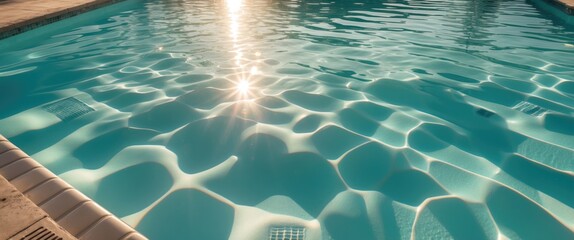 Canvas Print - Tranquil Swimming Pool Water with Sunlight Reflections and Clear Blue Surface Ideal for Ambient Background and Text Overlay