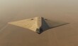 © Yopi - Triangular Gray Aircraft Flying Low Over Sandy Desert Under Hazy Conditions