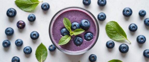 Wall Mural - Vibrant Blueberry Smoothie in Glass Surrounded by Fresh Blueberries and Mint Leaves on White Background with Space for Text