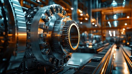 Poster - Industrial Machinery Close-Up of Gears and Components in High-Tech Factory with Ambient Lighting and Metallic Finish