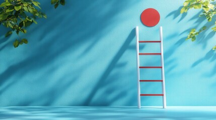 Poster - A vibrant blue wall with a red circle and a white ladder, surrounded by green foliage
