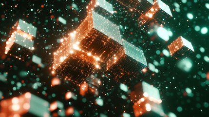 Poster - Stunning abstract image of glowing cubes floating in a dark space, perfect for tech, AI, or blockchain concepts.