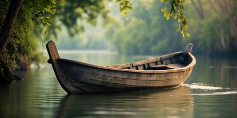 Wall Mural - Serene wooden boat floating on calm river surrounded by lush greenery with soft natural light and ample empty space for text overlay