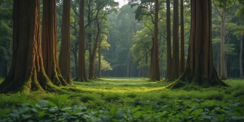 Wall Mural - Majestic Forest Landscape Featuring Towering Trees and Lush Greenery with Ample Copy Space for Text or Branding Needs