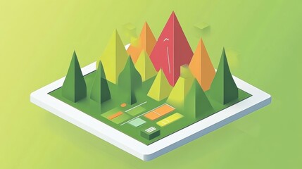 Poster - vibrant geometric landscape with colorful mountains and trees in a serene digital environment