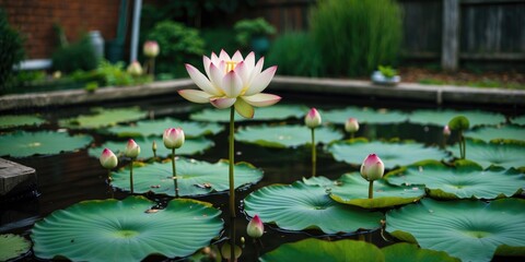 Wall Mural - Serene Lotus Flowers in Backyard Pond with Lush Green Leaves and Calm Water Reflecting Natural Beauty and Tranquility