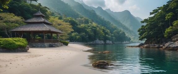 Wall Mural - Tranquil Coastal Park Scene Featuring Serene Waters, Lush Greenery, Scenic Mountains, and a Charming Pavilion Embodying Natural Beauty.