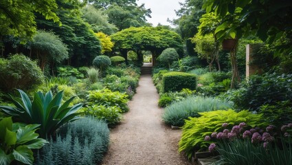 Poster - Lush Garden Pathway Surrounded by Vibrant Greenery and Plants with Space for Custom Text or Branding