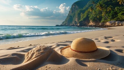 Poster - tranquil beach scene with straw hat and sandcastle surrounded by waves and lush greenery under a bri
