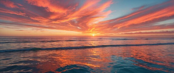 Canvas Print - Vibrant Sunrise Over Ocean Reflecting Orange Pink Gold Hues on Calm Waters Creating Serene Coastal Landscape and Peaceful Atmosphere.